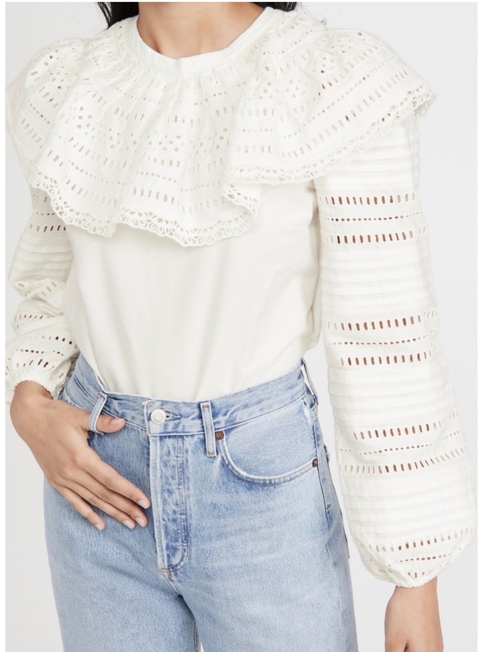 Women's Sea Lina Eyelet Ruffle Blouse White Cotton Boho Long Balloon Sleeve XXS